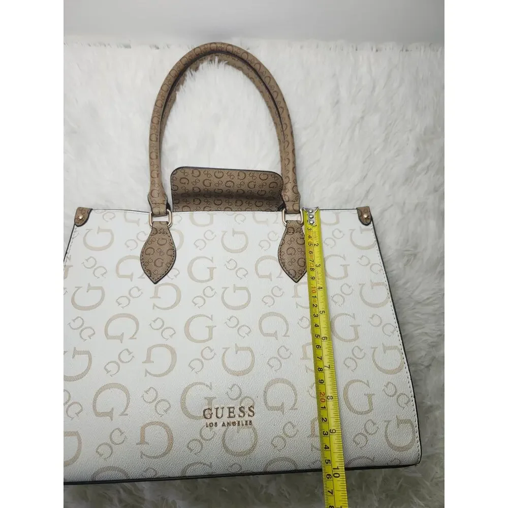 Guess Tote Bag Women's Cream Brown Gold Tone Preppy Classic Monogram Logo